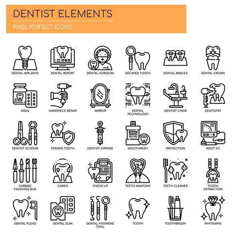 Conjunto de iconos dentales de línea delgada en blanco y negro vector