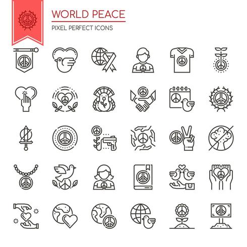 Conjunto de iconos de paz mundial de delgada línea blanco y negro vector