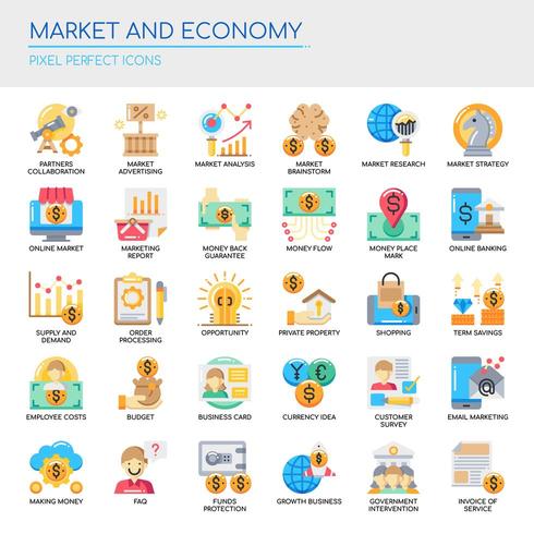 Conjunto de iconos de economía y mercado de color plano vector