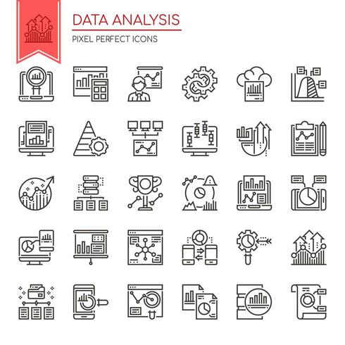 Conjunto de iconos de análisis de datos de línea delgada en blanco y negro vector