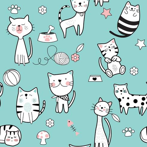 Cute Cat Blue Seamless Pattern vector