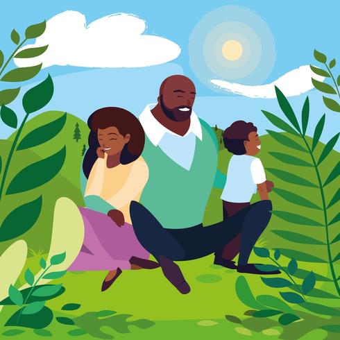 padres con familia hijo en paisaje soleado vector