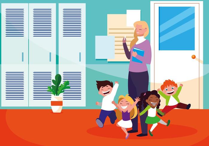 teacher female with students in school vector