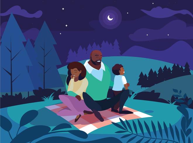 padres con hijo familia en paisaje nocturno vector