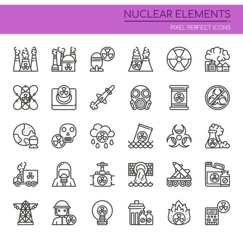 Conjunto de elementos nucleares de línea fina en blanco y negro vector