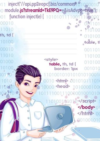 Plantilla para cuaderno o bloc de notas. Hombre joven estudiante con una computadora portátil, en el fondo una textura de acuarela y una imitación de código de computadora. vector