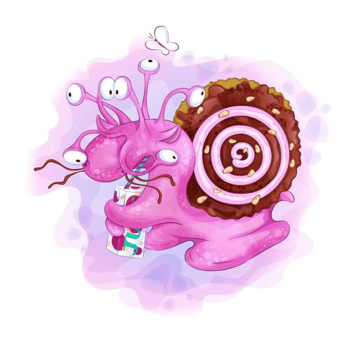 Multi-eyed cartoon snail with a shell of biscuits drinking a juice box vector