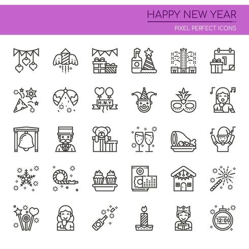 Conjunto de iconos de feliz año nuevo de delgada línea blanco y negro vector