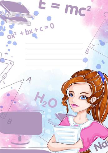 Template for notebook or notepad with Girl student vector