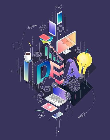 Concepto isométrico con letras y dispositivos de línea delgada, idea de palabra de tipografía vector