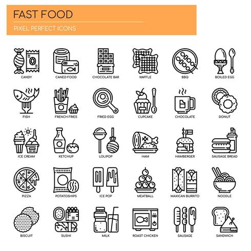 Conjunto de iconos de comida rápida de línea fina blanco y negro vector