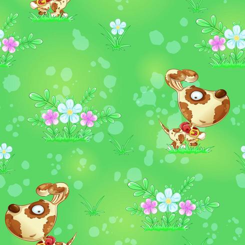 Seamless pattern with cute puppy and flowers on green background vector