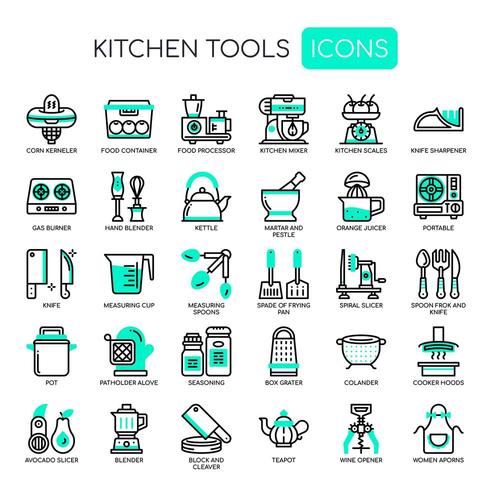 Conjunto de iconos de herramientas de cocina monocromo delgada línea vector