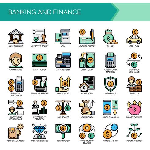 Set of Color Thin Line Banking and Finance Icons  vector