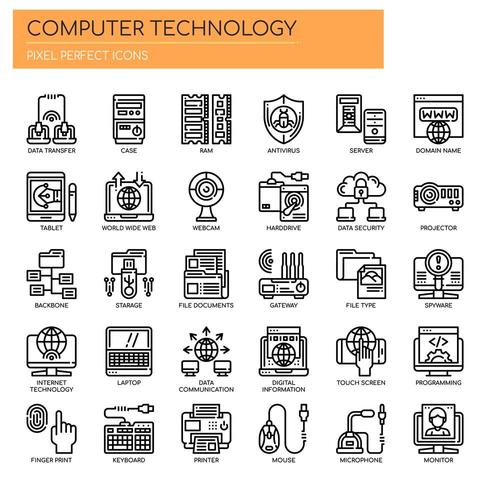 Conjunto de iconos de tecnología informática de línea delgada en blanco y negro vector