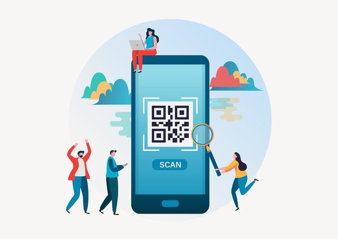 Personas escaneando el código qr para el pago a través de un teléfono inteligente vector