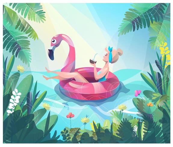 Woman floating in flamingo holding drink vector