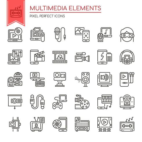 Conjunto de elementos multimedia de línea fina en blanco y negro vector