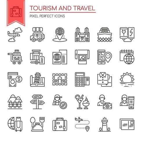 Conjunto de iconos de turismo y viajes de línea delgada en blanco y negro vector