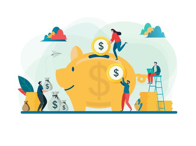 Save money concept with people putting money in large piggy bank vector