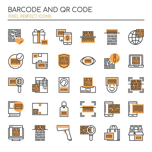 Conjunto de iconos de código de barras Duotone Thin Lin y código Qr vector