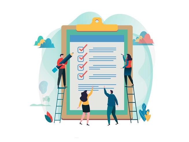 People fill out checklist on a clipboard. Flat design. vector