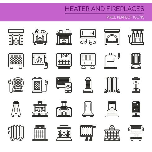 Set of Black and White Thin Line Heater and Fireplaces Icons  vector