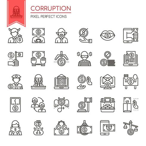 Conjunto de iconos de corrupción de línea delgada en blanco y negro vector