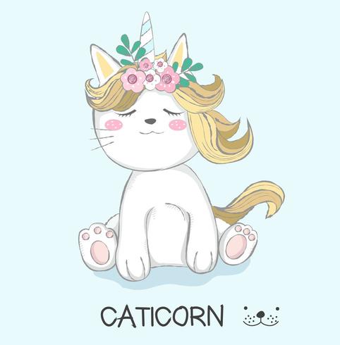 Lindo gato unicornio estilo dibujado a mano vector