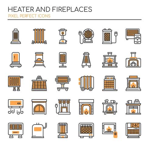 Calentador y chimeneas Iconos de líneas finas y píxeles perfectos vector