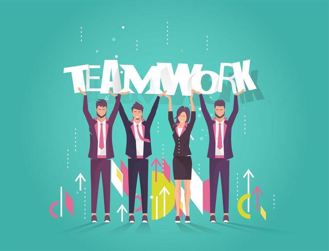 People holding up letters spelling the word teamwork vector