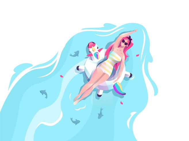 Mujer en unicornio flotando en el agua vector