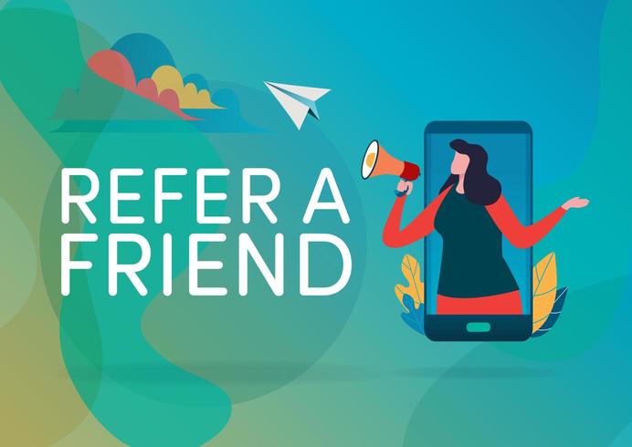 Person in smartphone using megaphone with refer a friend text vector