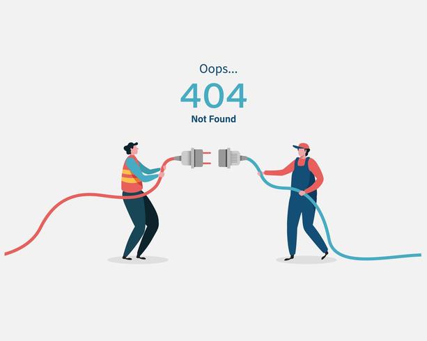 404 error page not found with two men plugging in cords vector