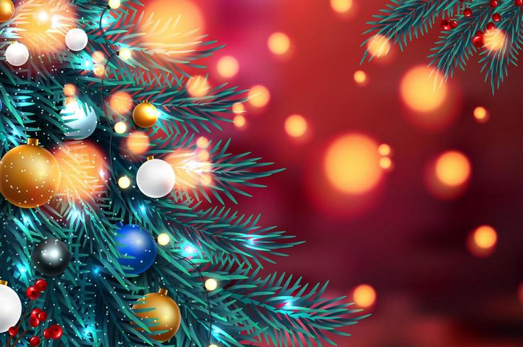 Christmas tree branches with blurred lights vector