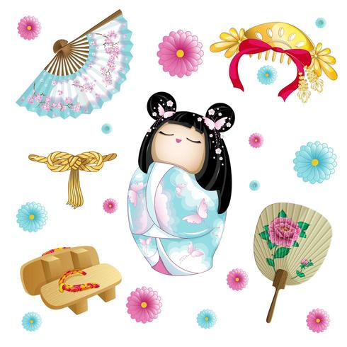 Set japonés con muñeca kokeshi vector