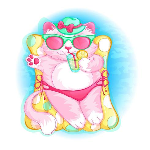 Lindo gato rosa en un sombrero está acostado sobre un colchón inflable con un cóctel en su pata. Vacaciones de verano en el mar. Personaje de dibujos animados para niños. vector