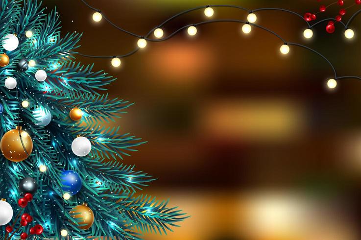 Christmas tree branches with blurred lights vector