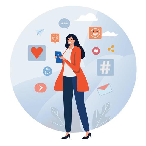 Woman on phone using social media vector