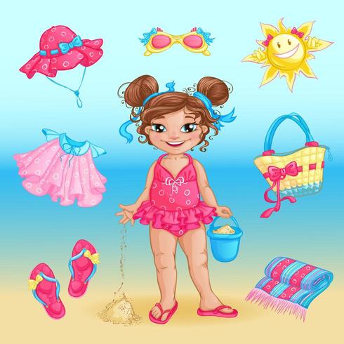 Conjunto de playa de verano y una niña linda vector