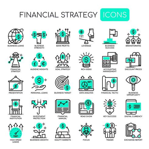 Conjunto de iconos de estrategia financiera monocromo delgada línea vector