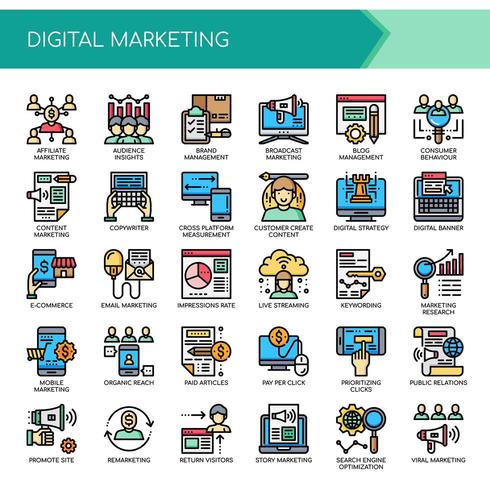 Conjunto de iconos de marketing digital de línea fina de color vector