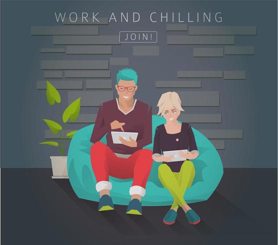 Young people sitting on a bean bag with gadgets vector