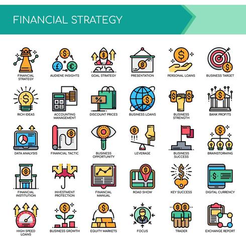 Conjunto de iconos de estrategia financiera de color delgada línea vector