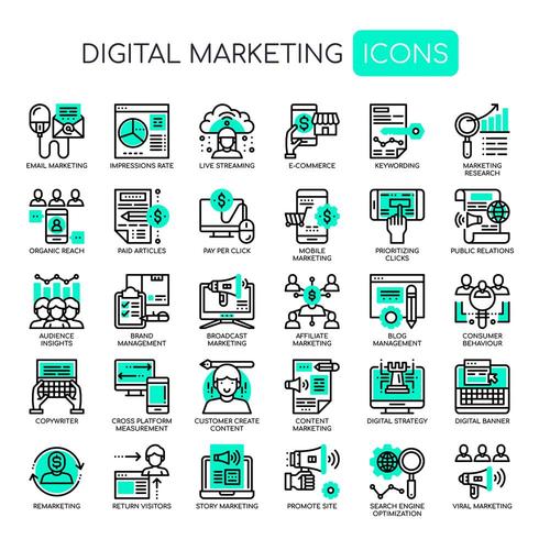 Conjunto de iconos de marketing digital monocromo delgada línea vector