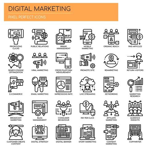 Conjunto de iconos de marketing digital de línea delgada en blanco y negro vector