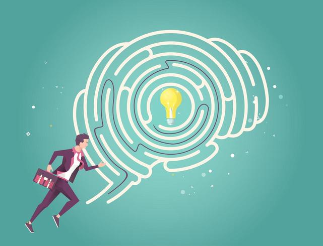 Empresario corriendo por su laberinto cerebral para encontrar la idea vector