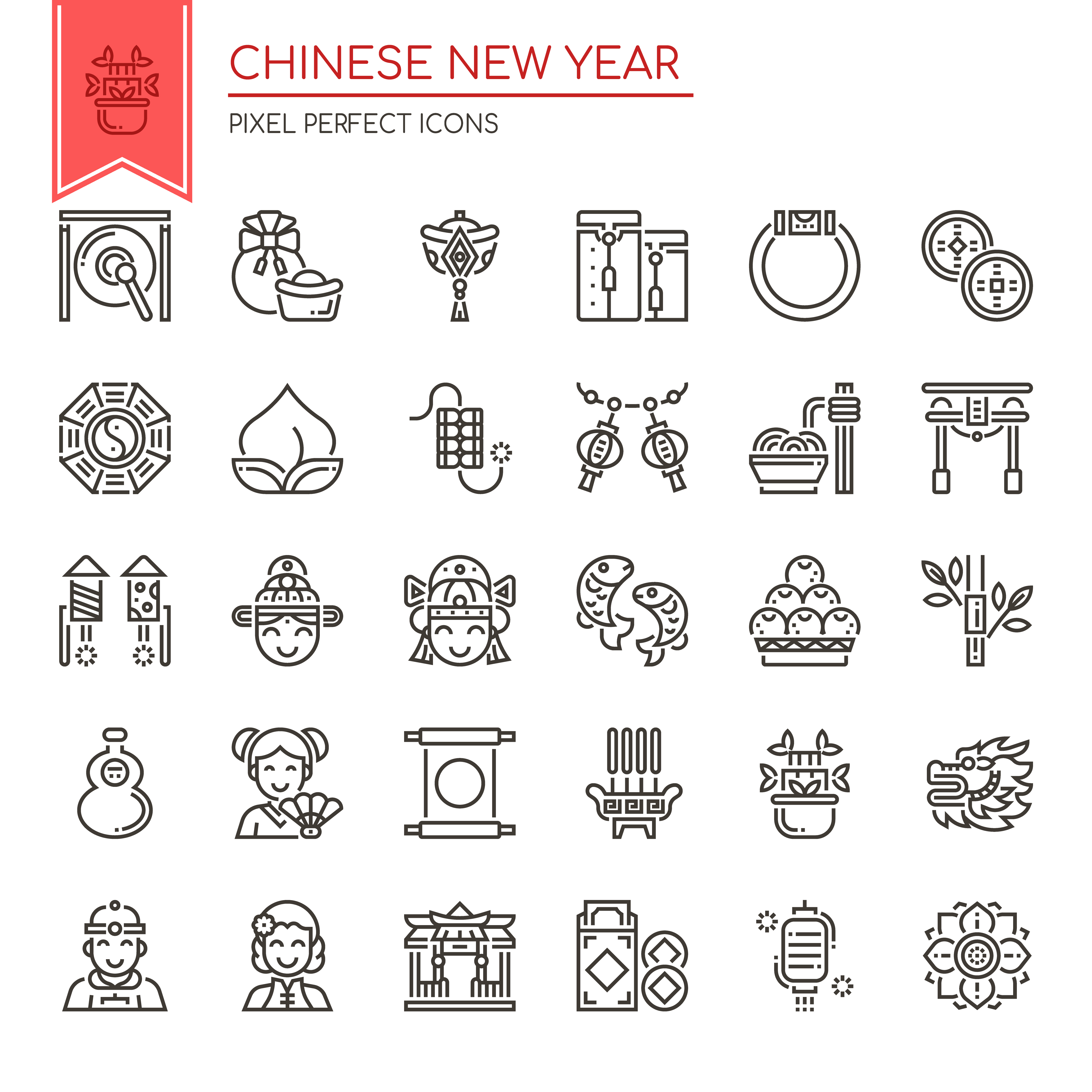 Set of Black and White Thin Line Chinese New Year Icons 667969 Vector