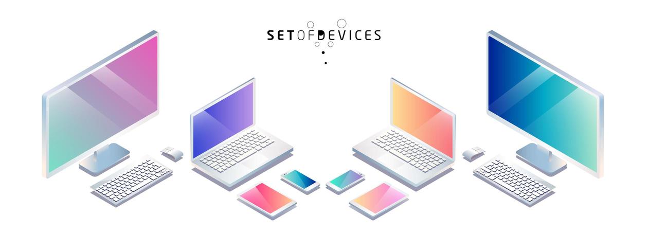 Isometric set of computer, mobile phone, tablet and laptop. vector