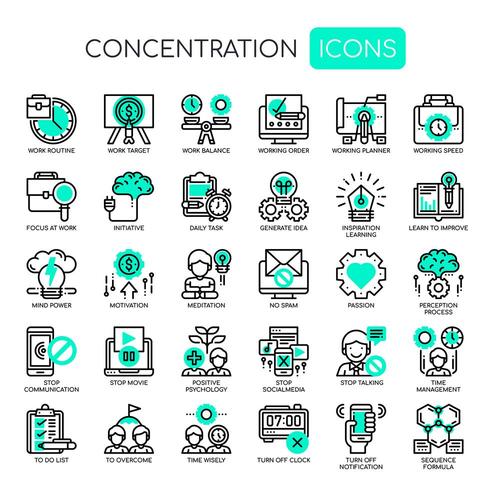 Conjunto de iconos de concentración de línea fina monocromática vector